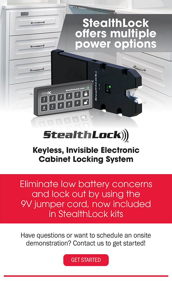StealthLock offers multiple power options - Keyless, Invisible Electronic Cabinet Locking System - Eliminate low battery concerns and lock out by using the 9V jumper cord, now included in StealthLock kits; Have questions or want to schedule an onsite demonstration? Contact us to get started!